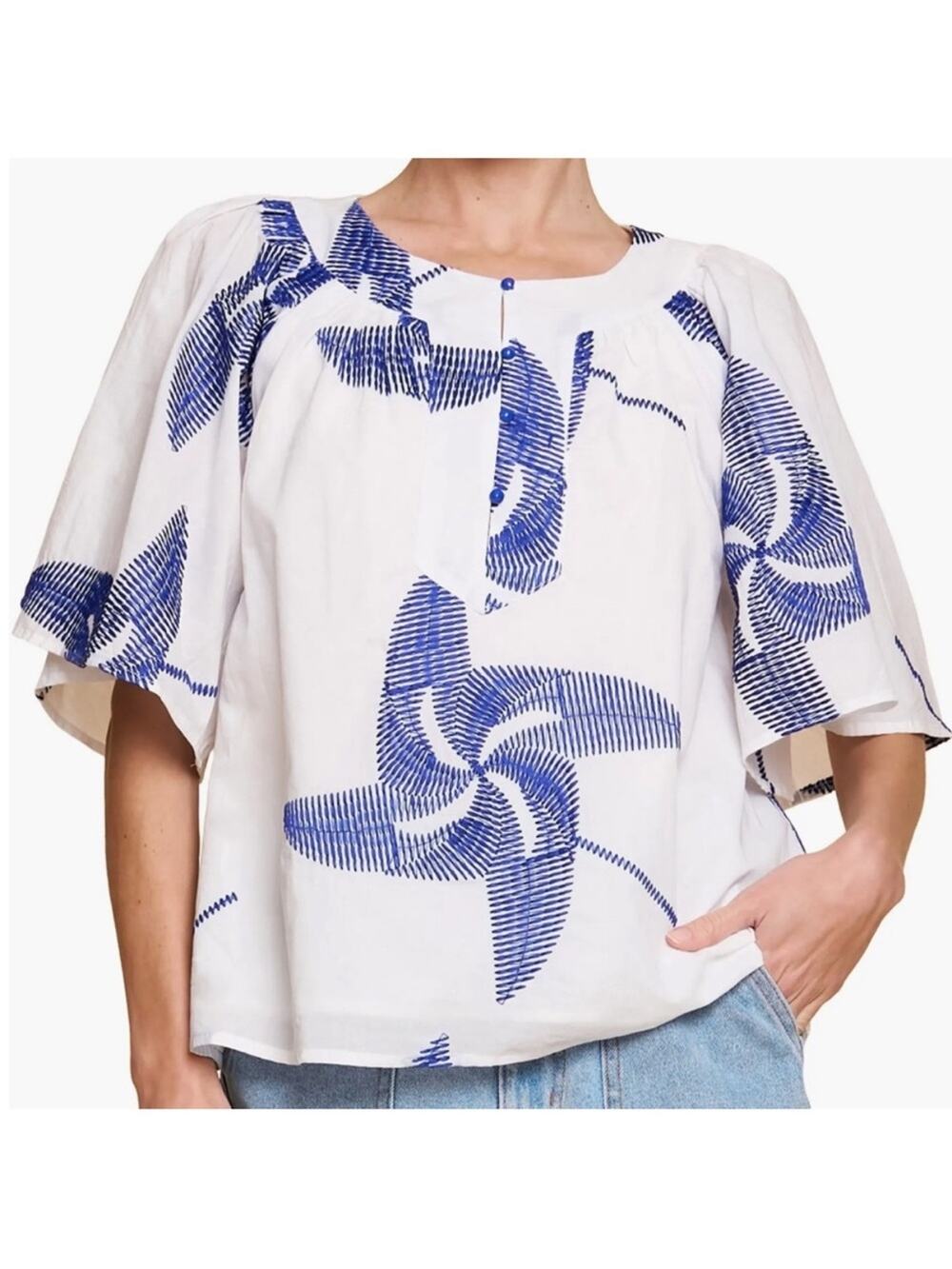 Ciebon Alexia Blue White Embroidered Cotton Blouse Top size small
